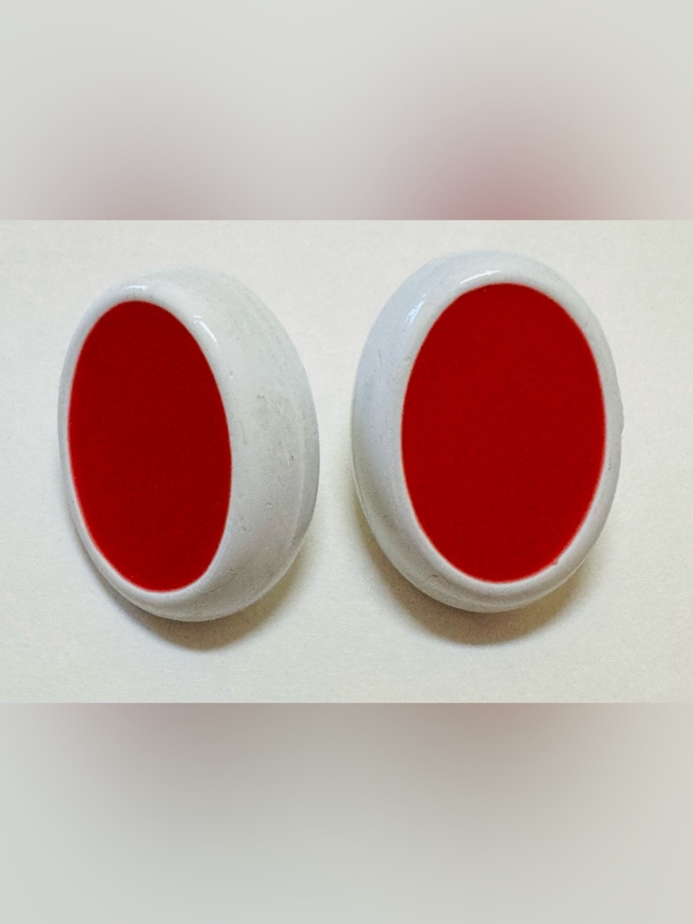 Red and White Enamel Metal Pierced Earrings marked L and R